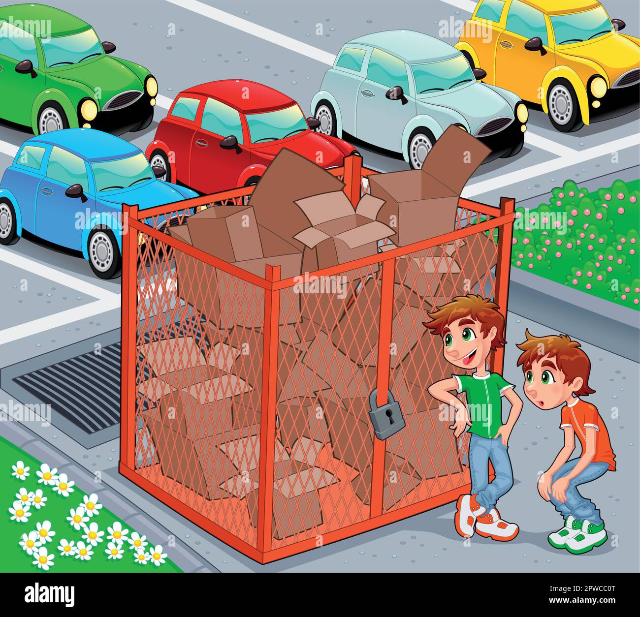 Los gemelos están cerca de una jaula de reciclaje. Vector e ilustración
