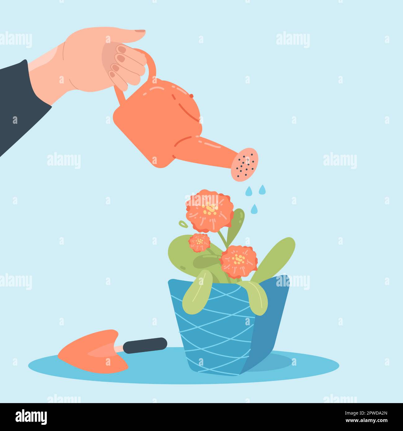 Persona que riega la flor marchita en la ilustración plana del vector