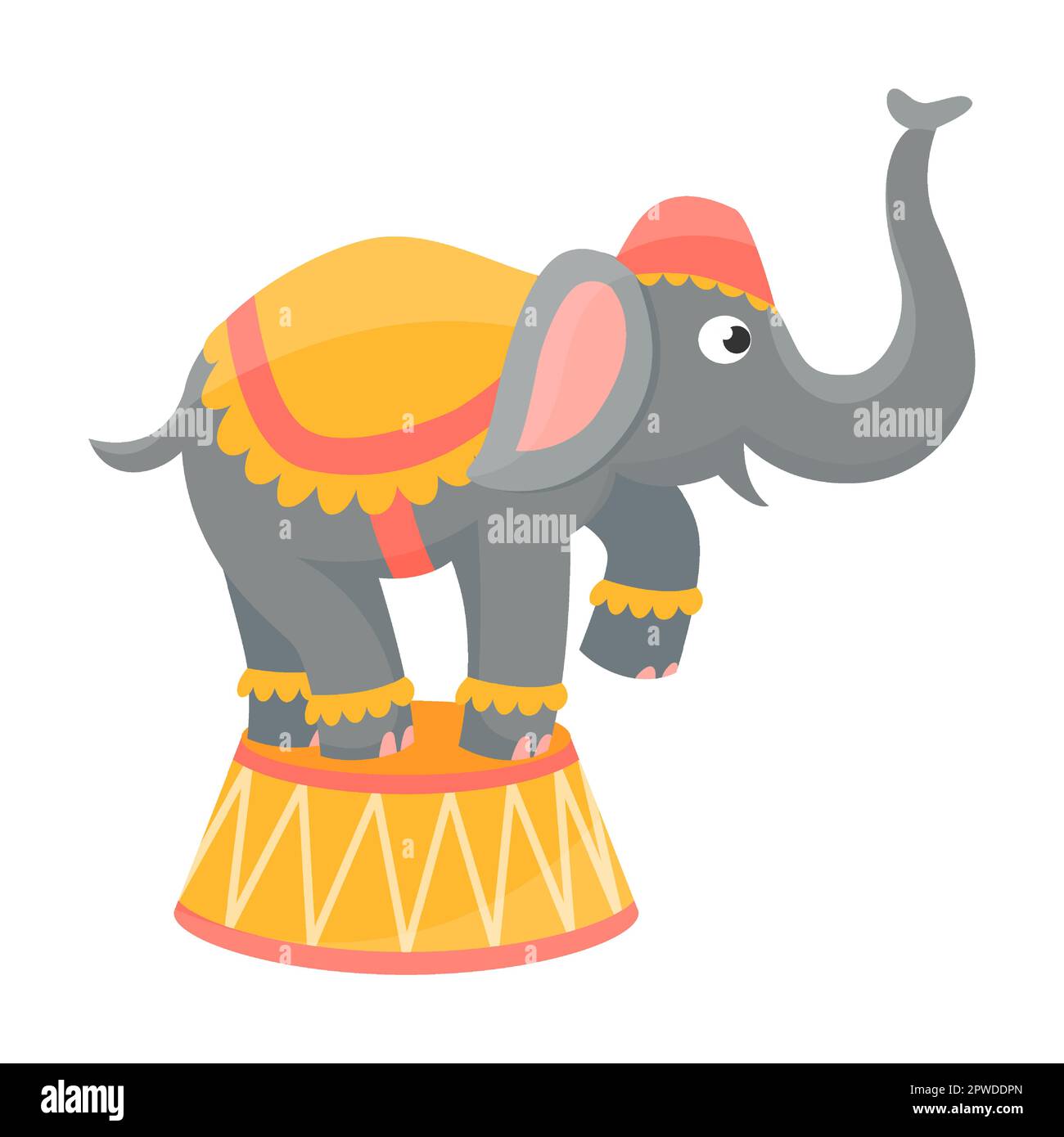 Elefante divertido en un pedestal en el espectáculo de circo. Ilustración vectorial de rendimiento de carnaval. Intérprete de dibujos animados aislado en blanco. Concepto de entretenimiento Ilustración del Vector