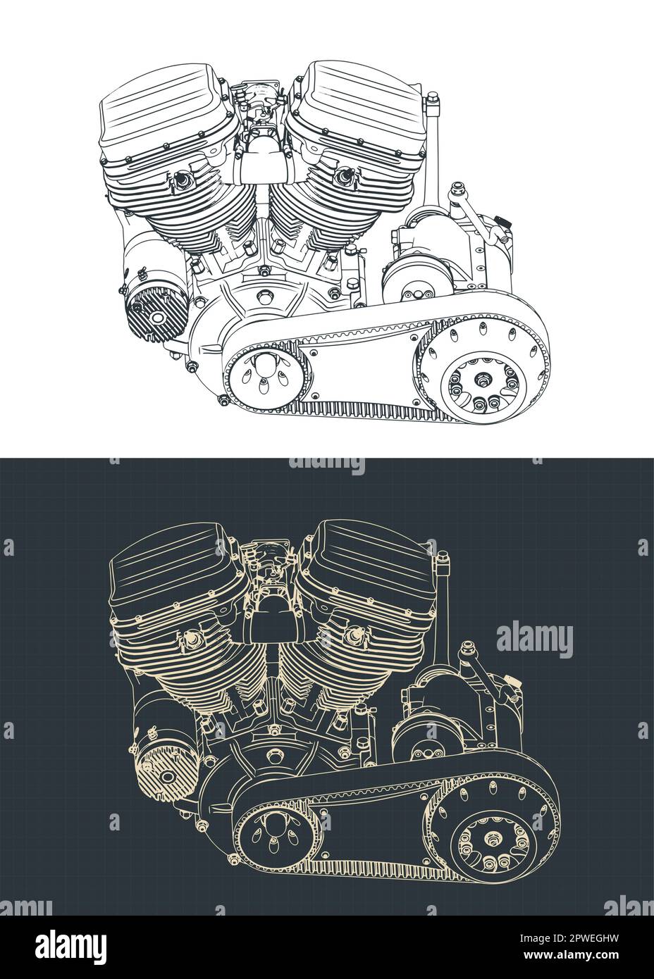 Ilustración vectorial estilizada de planos de potente motor de motocicleta Ilustración del Vector