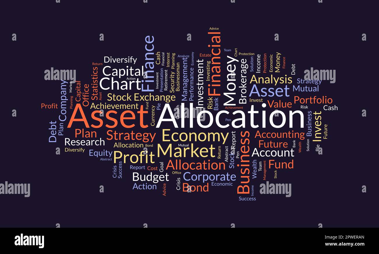 Concepto de fondo de nube de Word para la asignación de activos. Gestión del dinero, estrategia de mercado financiero de análisis de negocios. ilustración vectorial. Ilustración del Vector