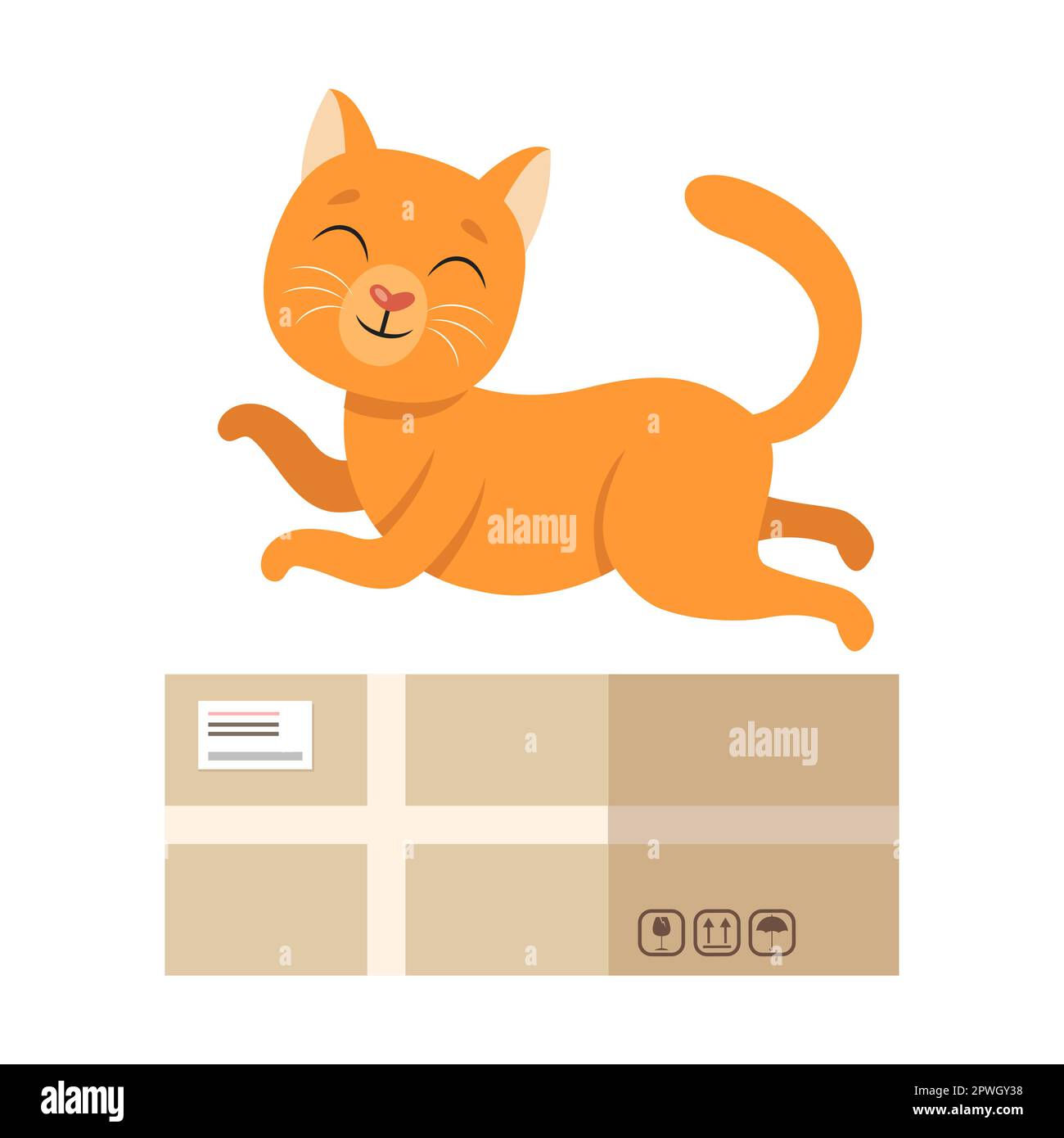 Gato con caja, preposición encima, ilustración de dibujos animados. Representación visual de la preposición inglesa de lugar para niños. Mascota arriba Ilustración del Vector