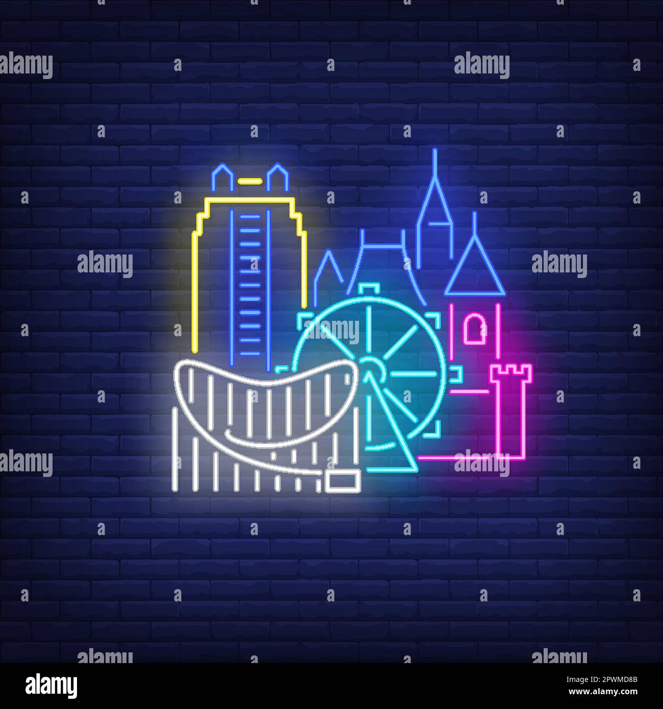 Edificios de la ciudad de Orlando y señal de neón de Disneyland Ilustración del Vector