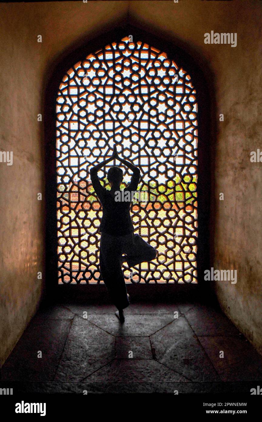 Un visitante visto dentro de la tumba Humayun en Nueva Delhi. La Tumba