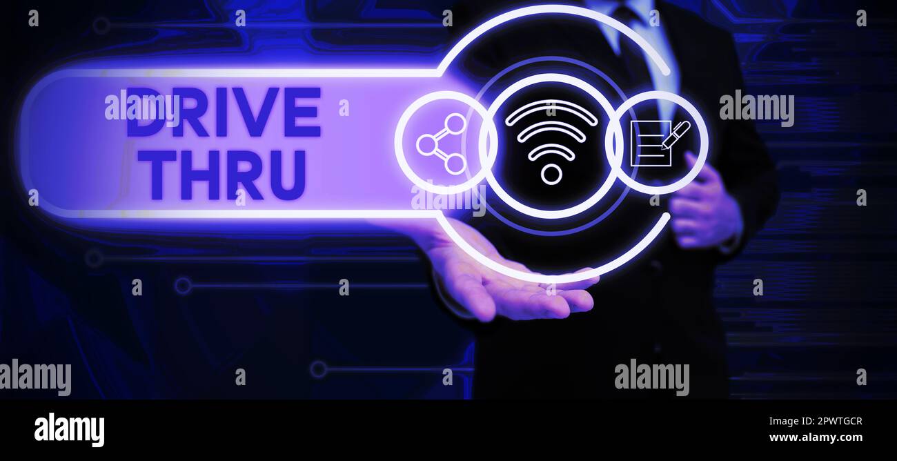Señal que muestra Drive Thru, concepto que significa lugar donde se puede obtener el tipo de Señal que muestra Drive Thru, concepto que significa lugar donde se puede obtener el tipo de