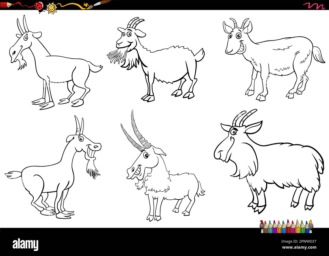 Ilustración de dibujos animados en blanco y negro de personajes cómicos de animales de granja de cabras establecen página para colorear Ilustración del Vector