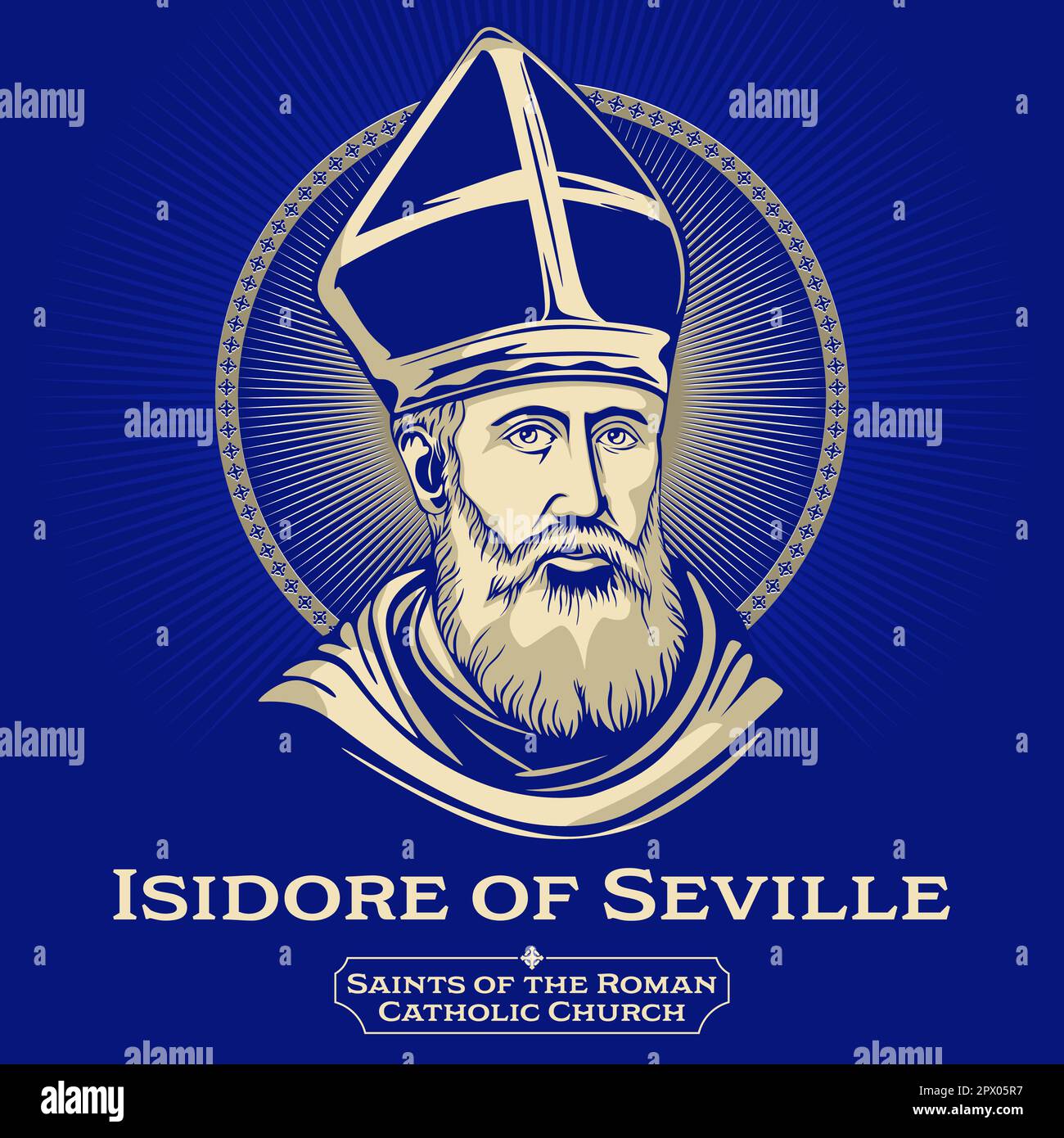 Los santos católicos. Isidoro de Sevilla (560-636) fue un erudito, teólogo y arzobispo español de Sevilla. Ilustración del Vector