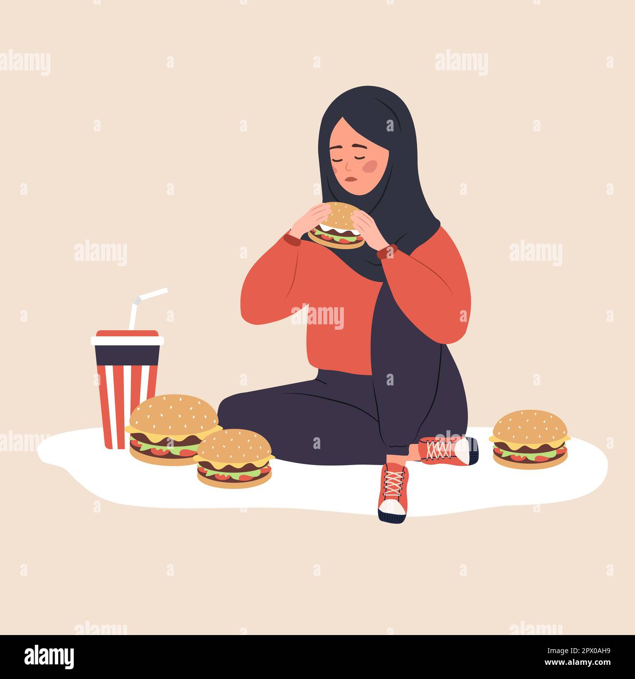 Trastorno alimentario. Mujer árabe deprimida comiendo comida rápida