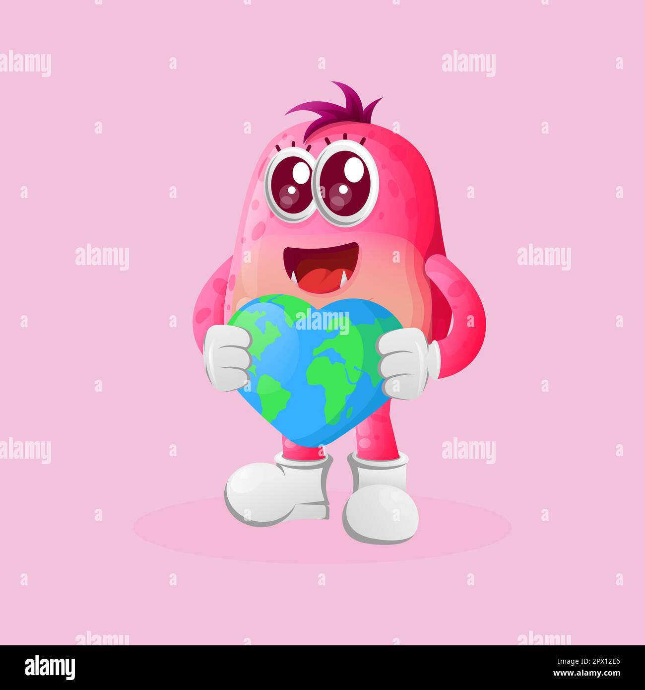 Lindo monstruo rosa sosteniendo la tierra con forma de amor. Perfecto para niños, pequeñas empresas o comercio electrónico, mercancía y etiqueta, promoción de banner, blog o vl Ilustración del Vector