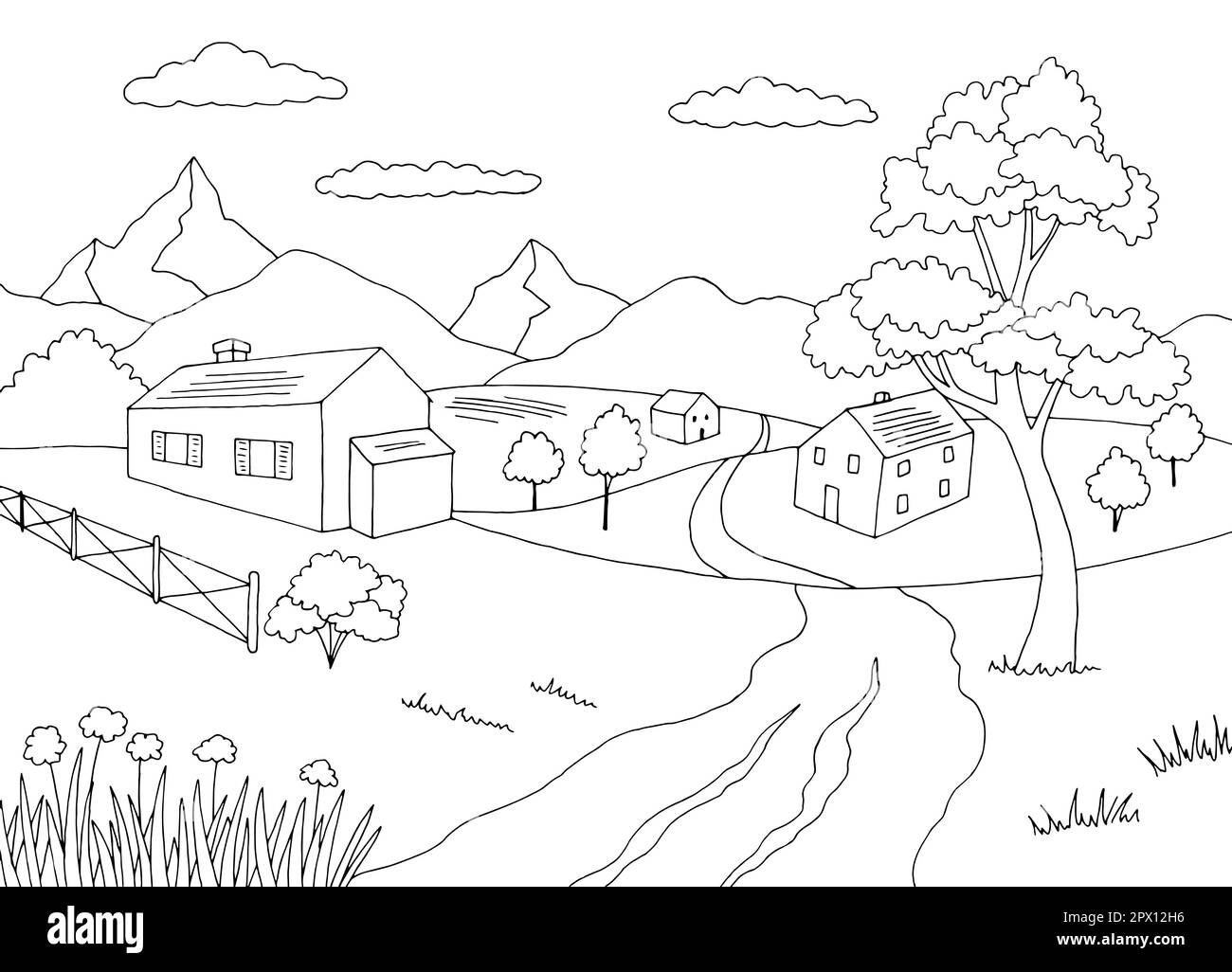Aldea para colorear gráfico blanco negro paisaje rural ilustración