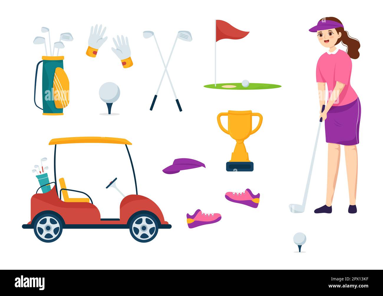 Ilustración del deporte del golf con banderas, carro, palos, campo verde y búnker de arena para la diversión al aire libre o estilo de vida en plantillas dibujadas a mano planas de dibujos animados Foto de stock