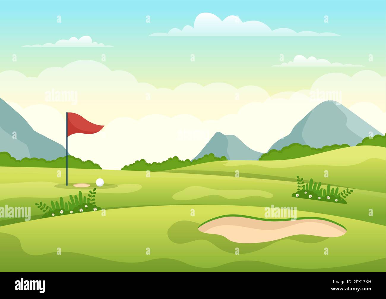 Ilustración del deporte del golf con banderas, carro, palos, campo verde y búnker de arena para la diversión al aire libre o estilo de vida en plantillas dibujadas a mano planas de dibujos animados Foto de stock