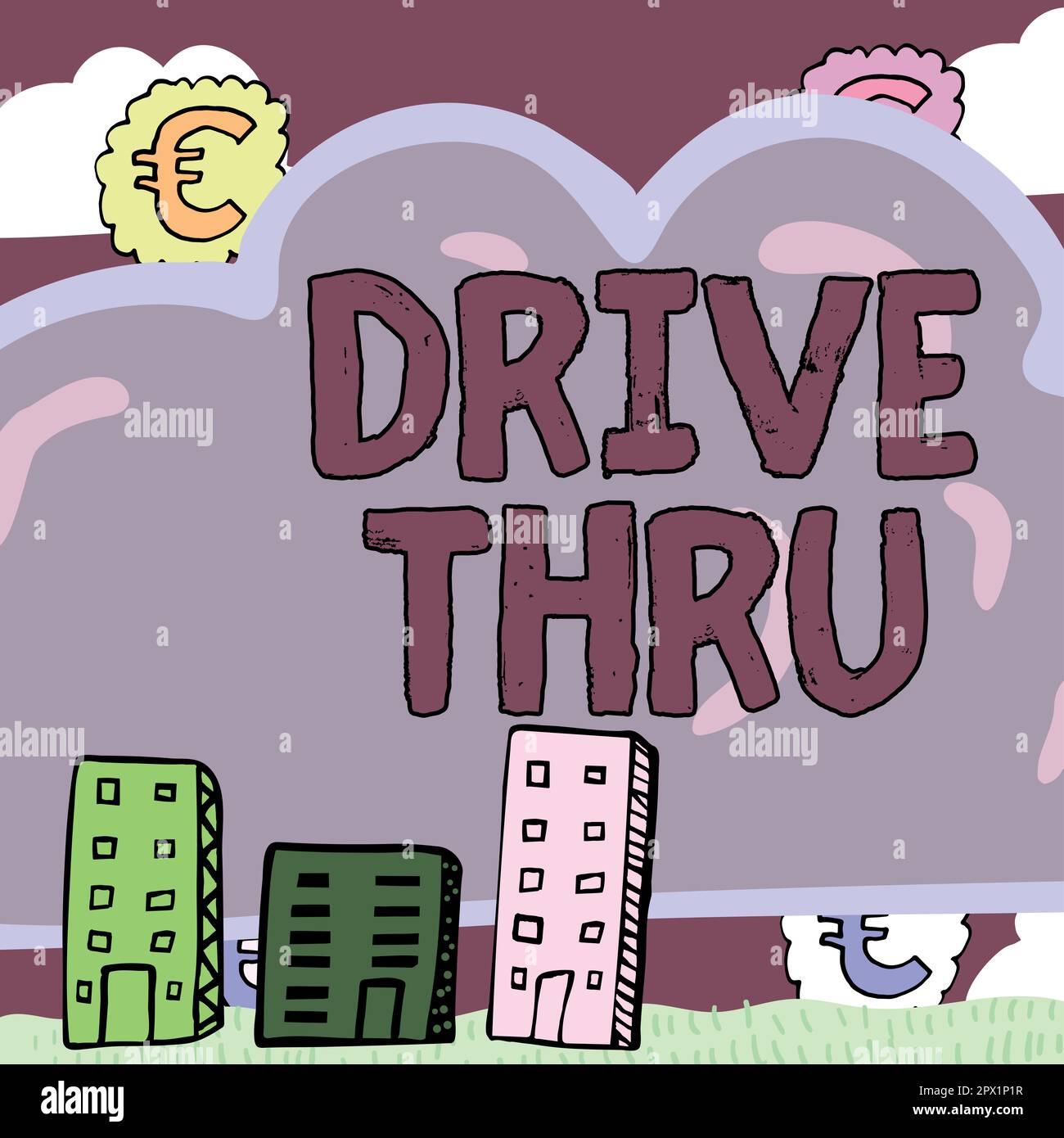 Texto de escritura a mano Drive Thru, concepto que significa lugar donde se puede obtener el Texto de escritura a mano Drive Thru, concepto que significa lugar donde se puede obtener el