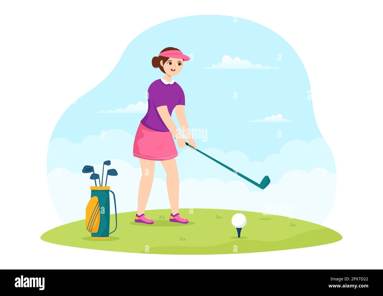 Ilustración del deporte del golf con banderas, carro, palos, campo verde y búnker de arena para la diversión al aire libre o estilo de vida en plantillas dibujadas a mano planas de dibujos animados Foto de stock