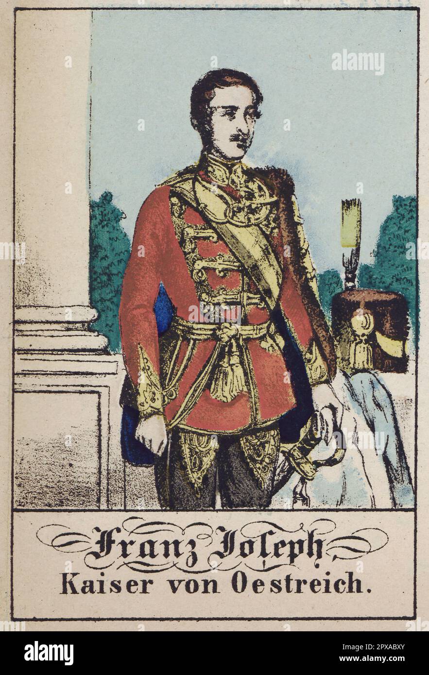 Сolor litografía de Francisco José I de Austria. 1861 Francisco José I o Francisco José I (1830-1916) fue emperador de Austria, rey de Hungría, Croacia y Bohemia, y monarca de otros estados del Imperio austrohúngaro, desde el 2 de diciembre de 1848 hasta su muerte. Foto de stock