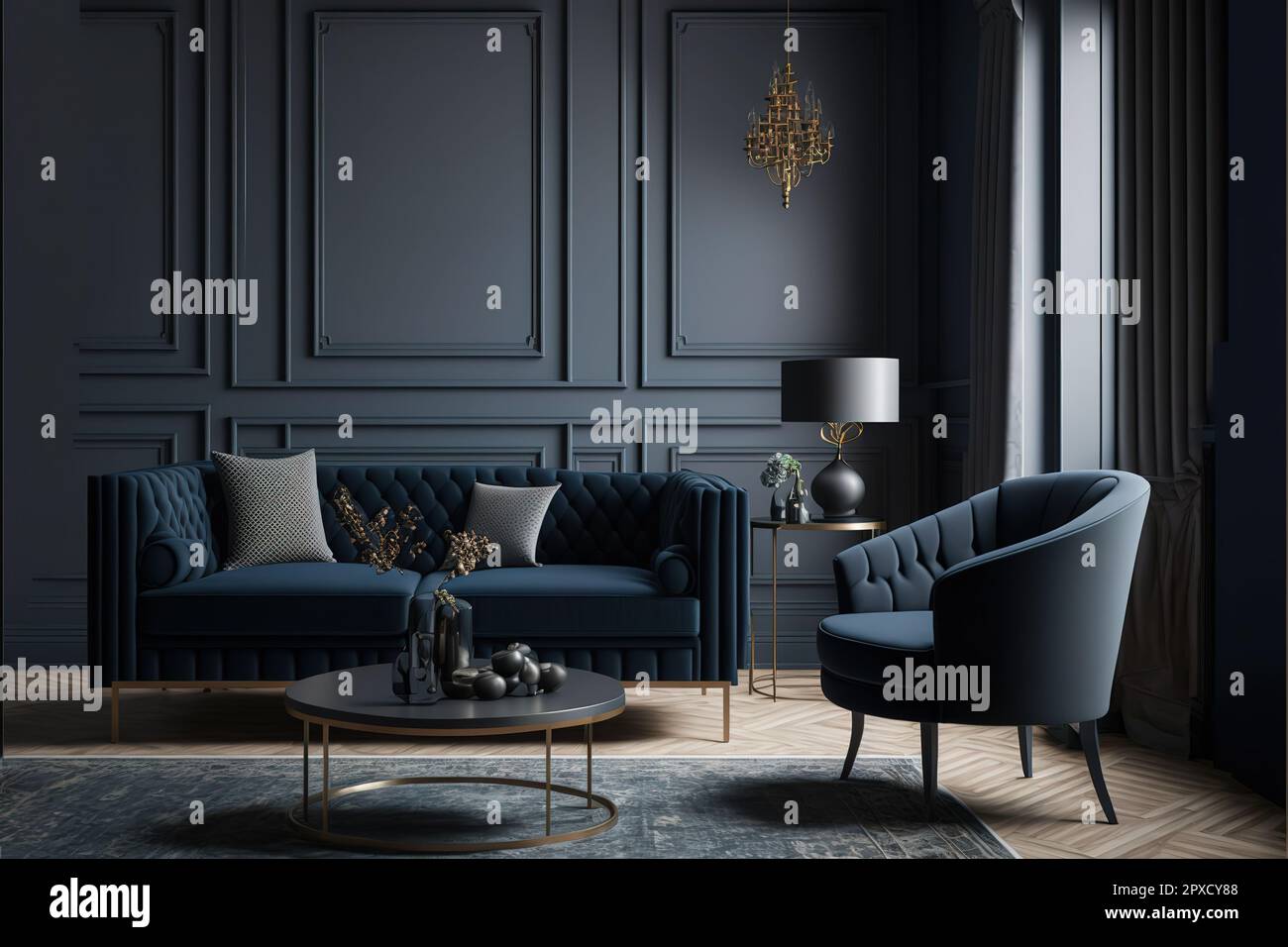 sala de estar moderna con sofá azul oscuro, sillones cerca de la mesa de  café, alfombra moderna, lámpara de pie y pared gris vacía, sala de estar  interior de lujo b Fotografía