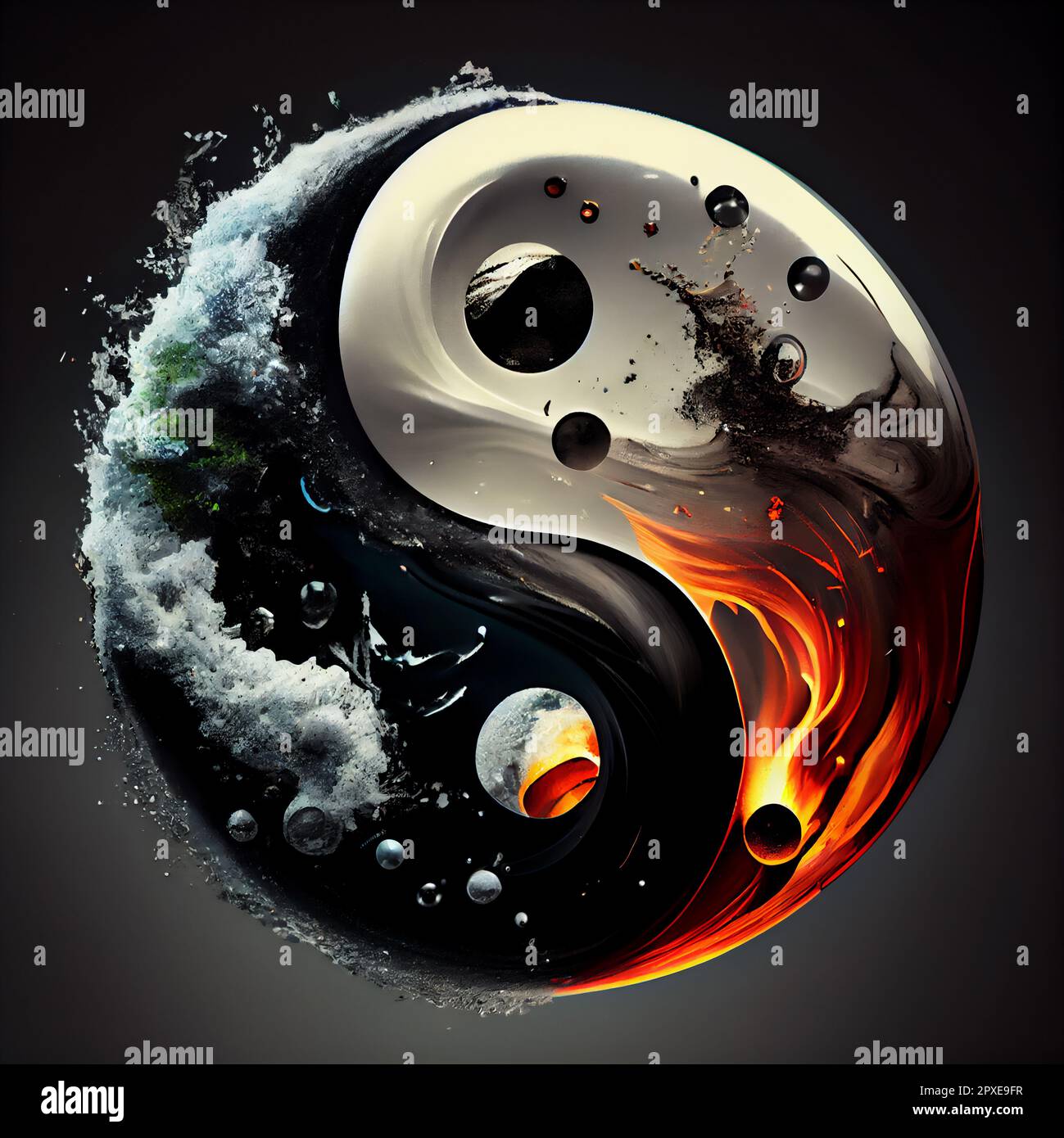 Símbolo yin yang abstracto con agua y elementos de fuego ilustración 3D