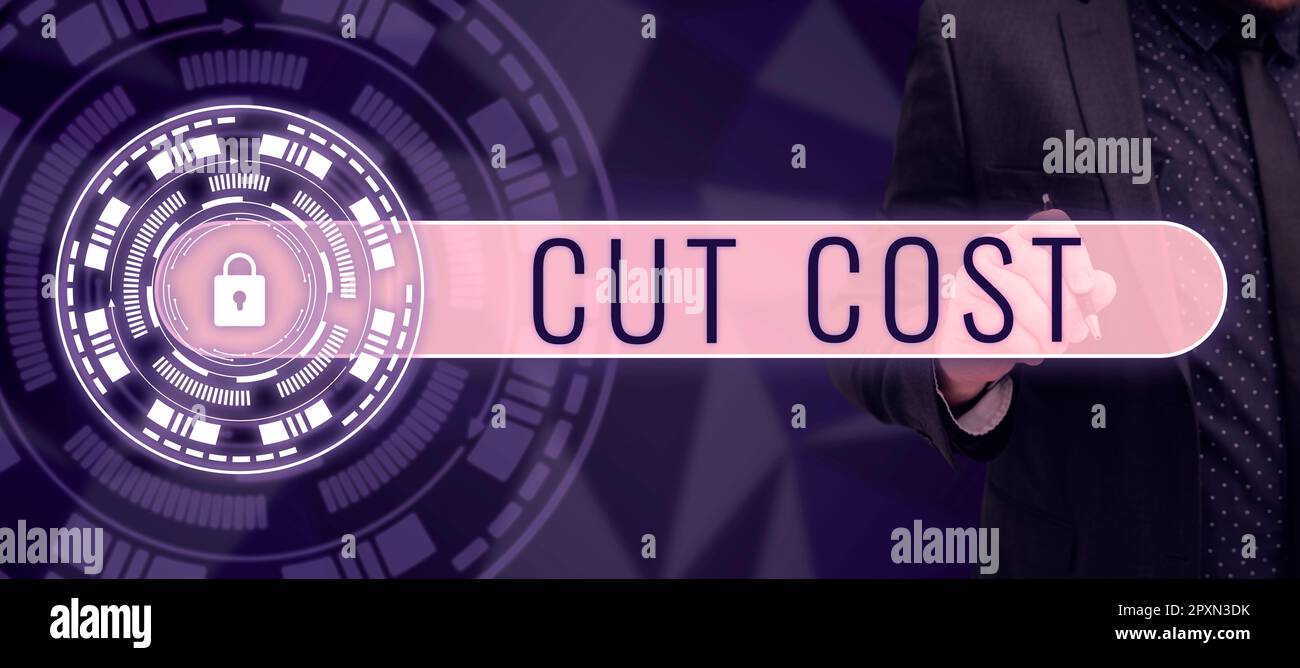 Signo que muestra Cut Cost, Word escrito en medidas implementadas para