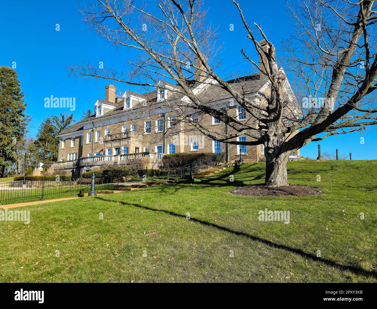 Felt Mansion en Michigan con árbol de invierno desnudo y cielo azul brillante Foto de stock