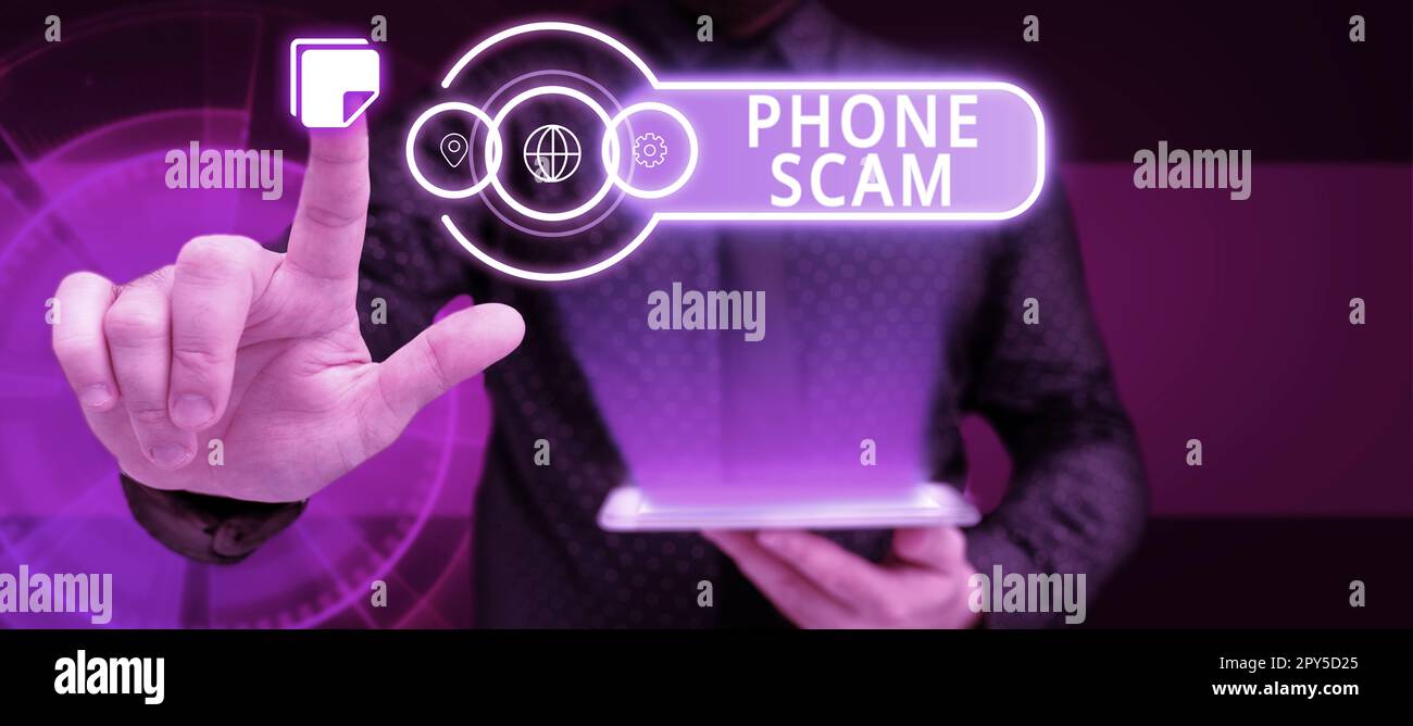 Subtítulo conceptual Phone Scam. Concepto de Internet recibiendo llamadas no deseadas para promocionar productos o servicios de Telesales Foto de stock