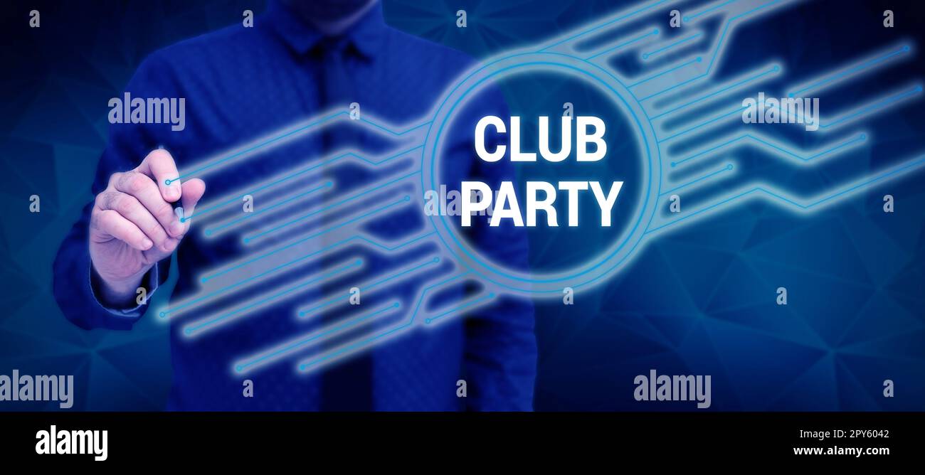 Exhibición conceptual Club Party. Reunión social en un lugar que es informal y puede tomar bebidas Foto de stock