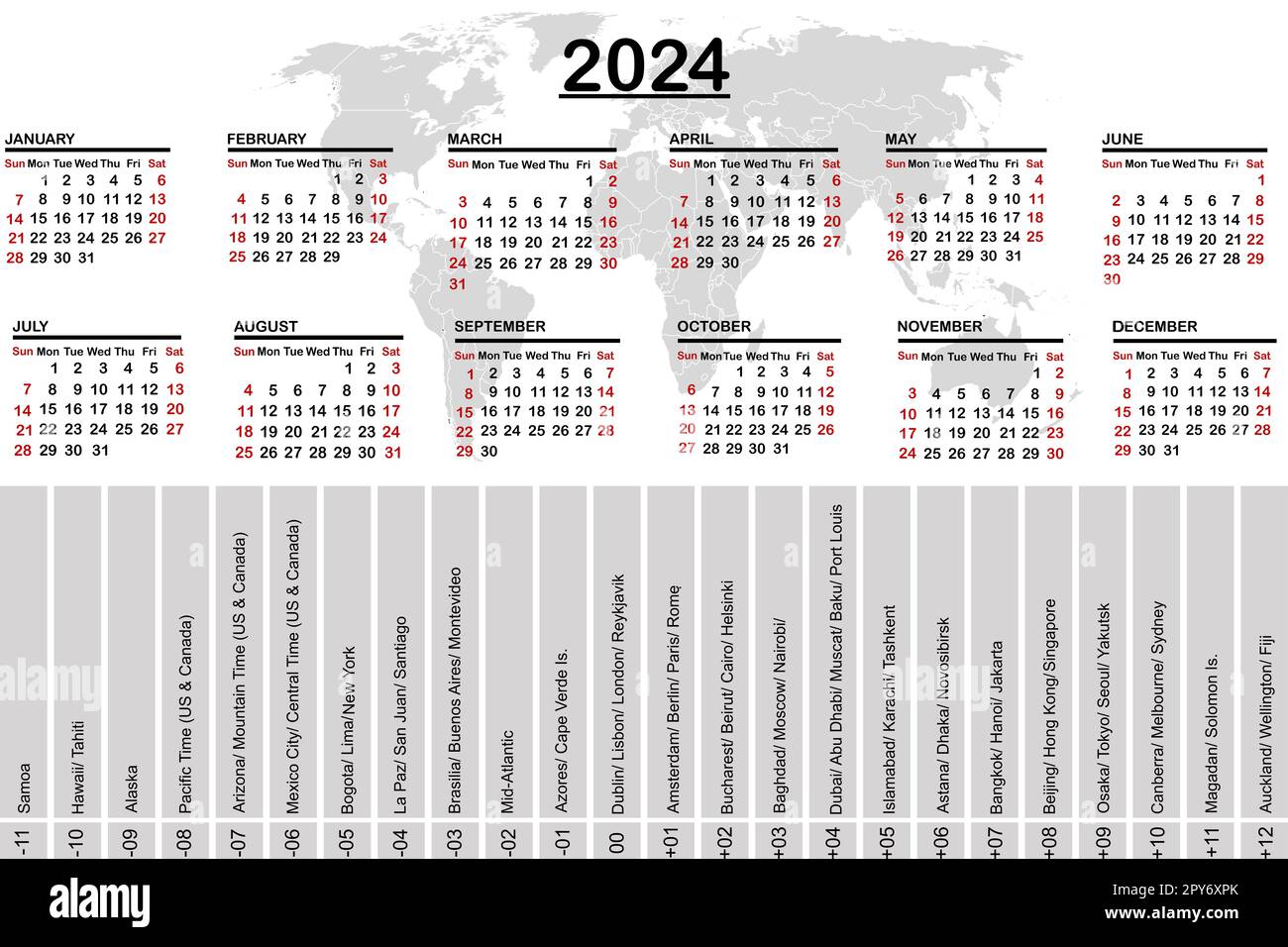 calendario 2024 con mapa mundial y zonas horarias Fotografía de stock