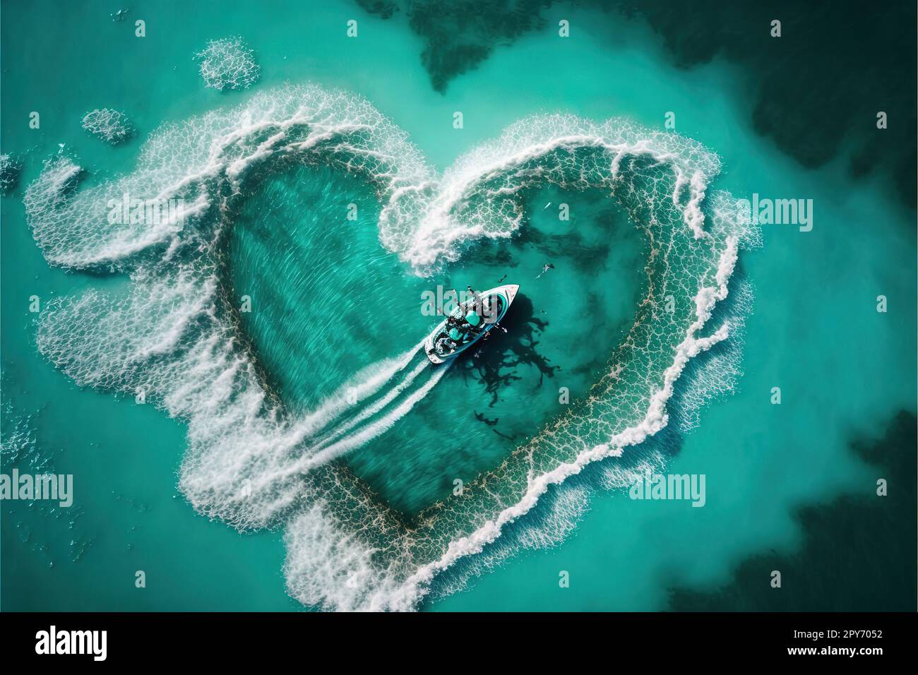 Vista aérea del rastro en forma de corazón en el mar azul turquesa