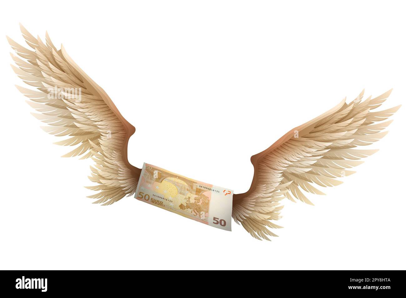 Billete de euro con alas sobre fondo blanco Foto de stock