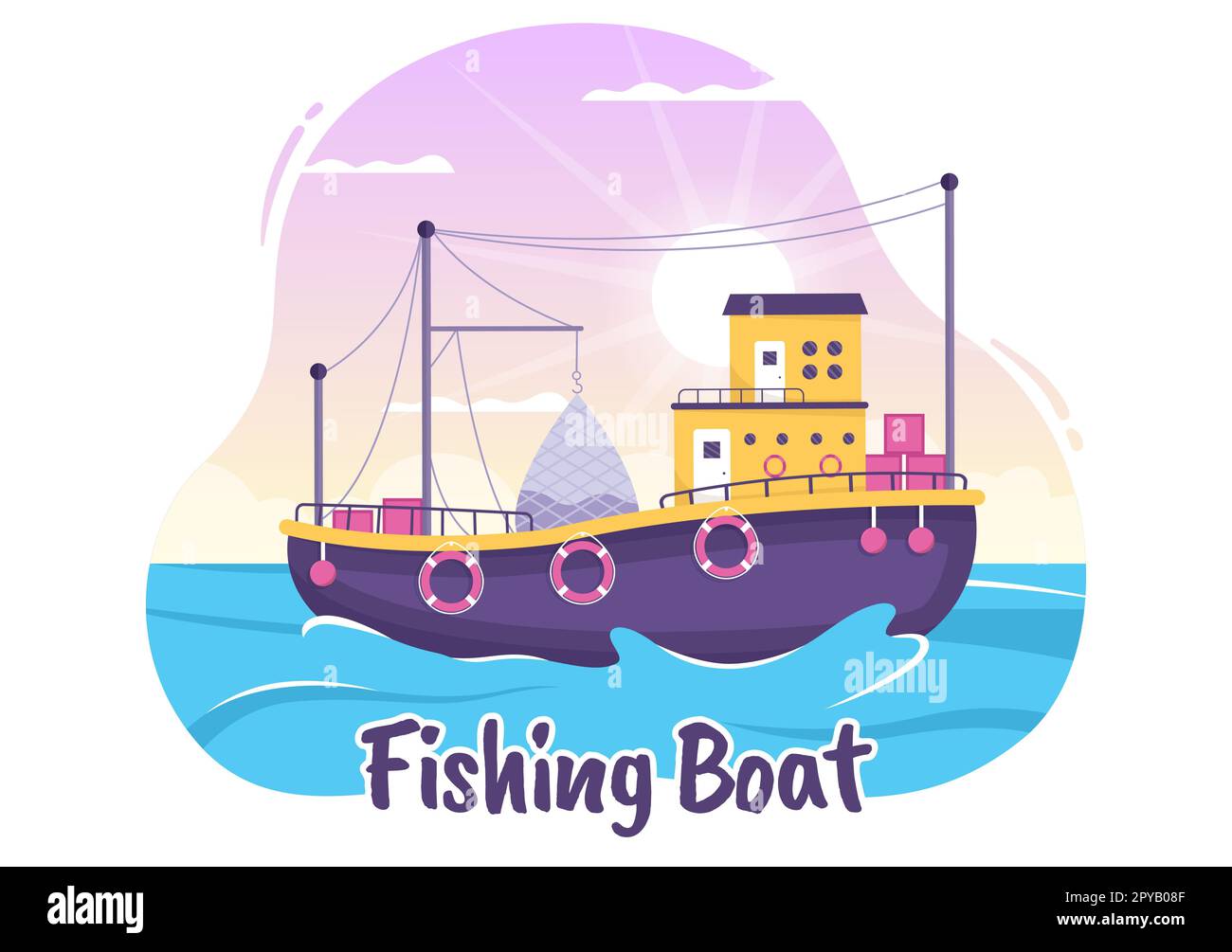 Ilustración de barco de pesca con pescadores de caza de peces usando barco para banner web o página de aterrizaje en dibujos animados planos Dibujado a mano Plantillas vectoriales Foto de stock