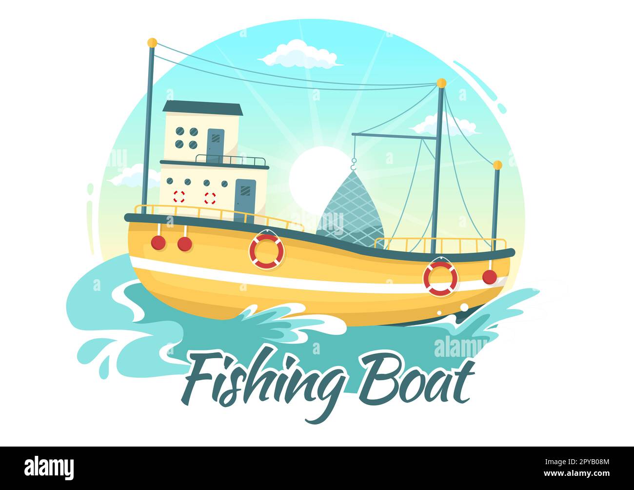 Ilustración de barco de pesca con pescadores de caza de peces usando barco para banner web o página de aterrizaje en dibujos animados planos Dibujado a mano Plantillas vectoriales Foto de stock