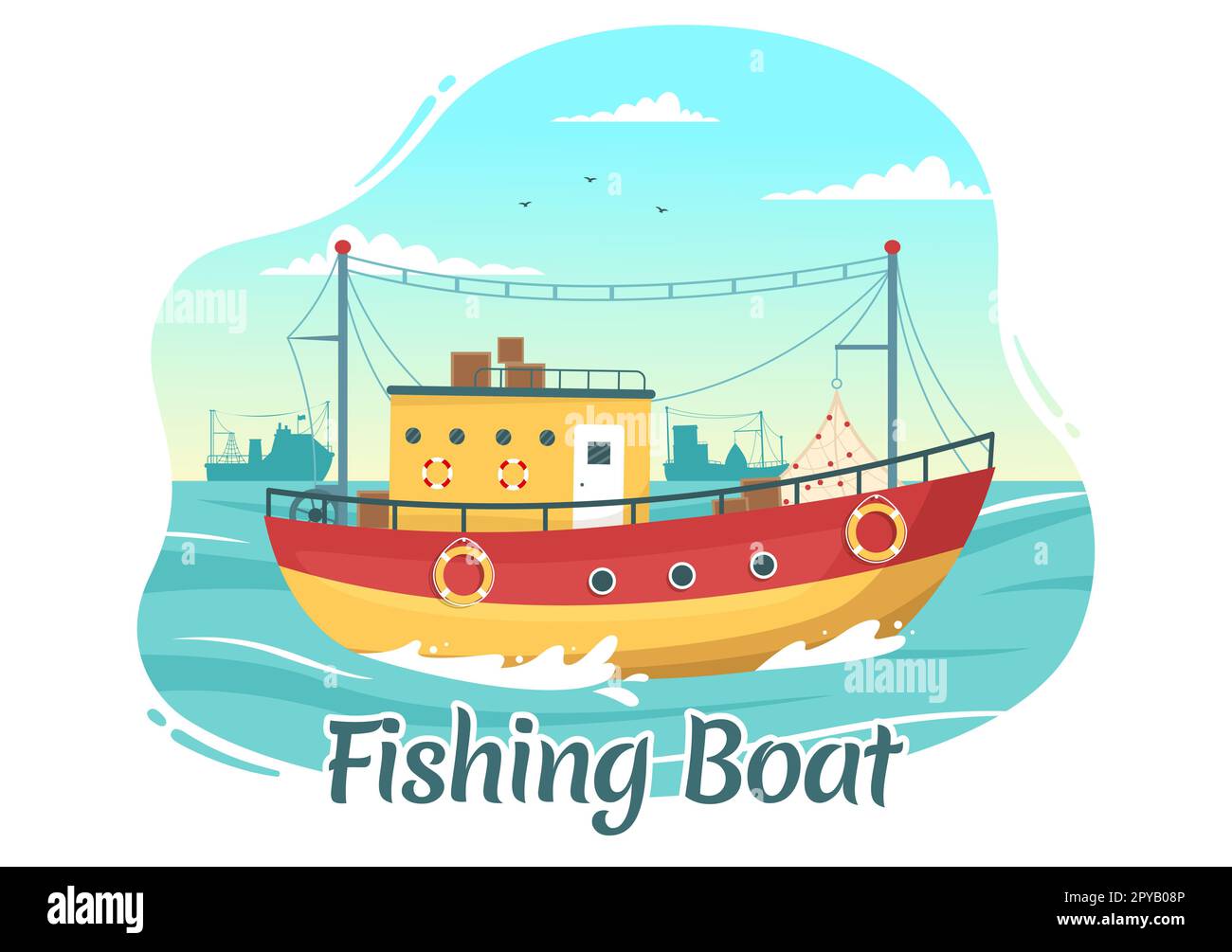 Ilustración de barco de pesca con pescadores de caza de peces usando barco para banner web o página de aterrizaje en dibujos animados planos Dibujado a mano Plantillas vectoriales Foto de stock