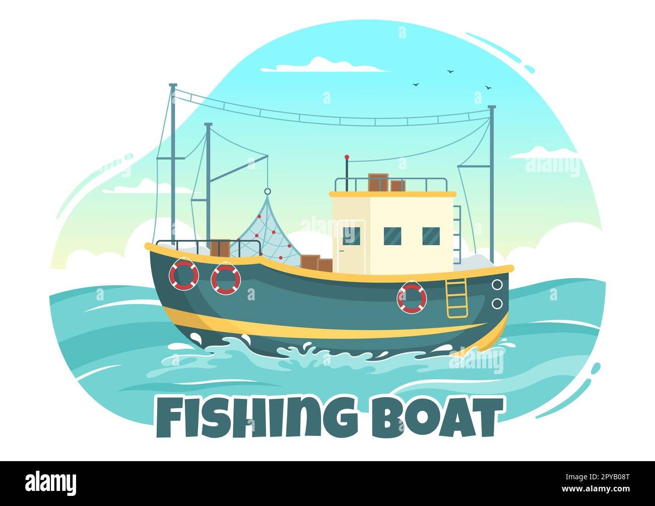 Ilustración de barco de pesca con pescadores de caza de peces usando barco para banner web o página de aterrizaje en dibujos animados planos Dibujado a mano Plantillas vectoriales Foto de stock