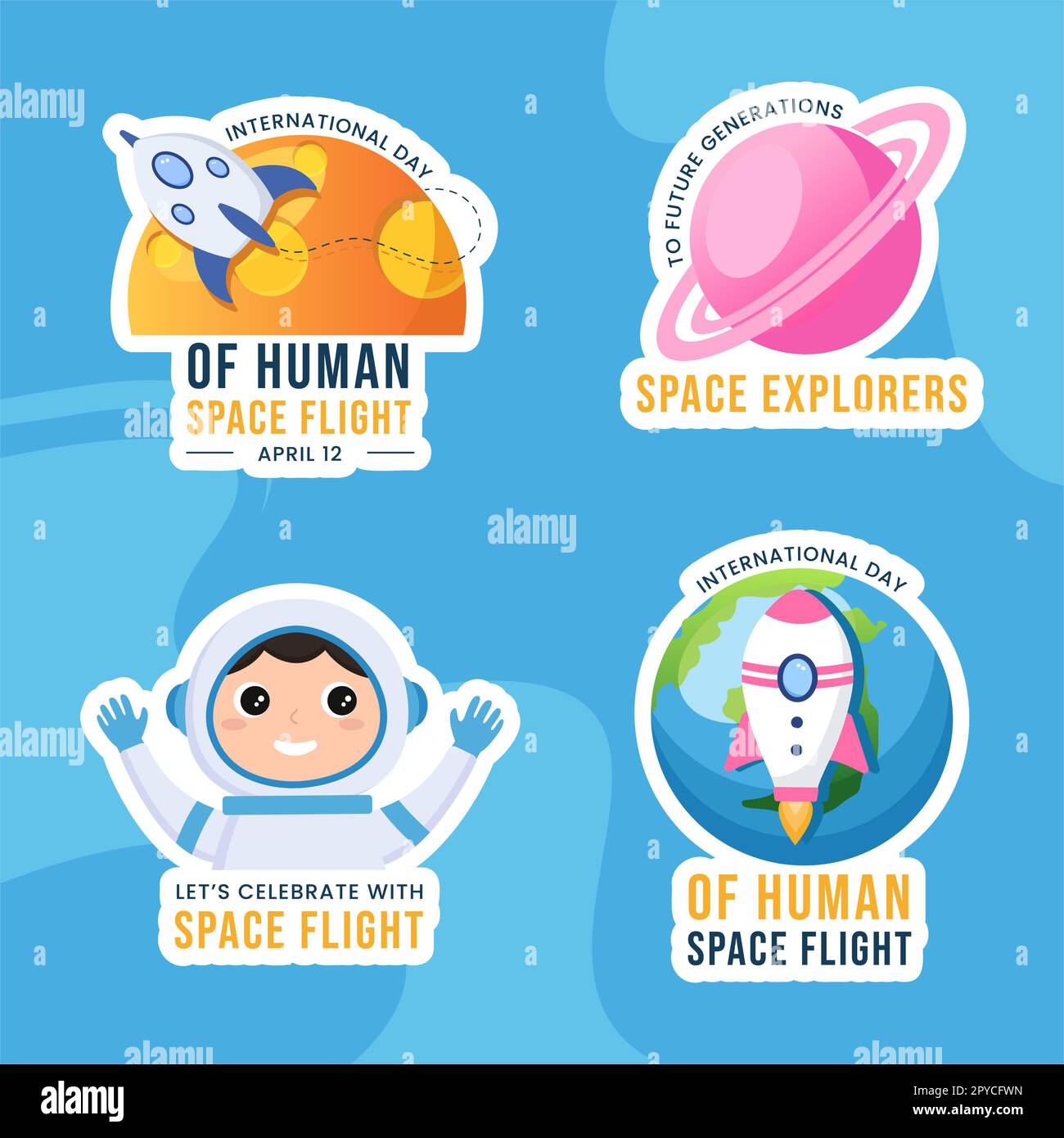 Internacional Día del Vuelo del Espacio Humano Etiqueta plana Dibujado a mano Plantillas Ilustración de fondo Foto de stock