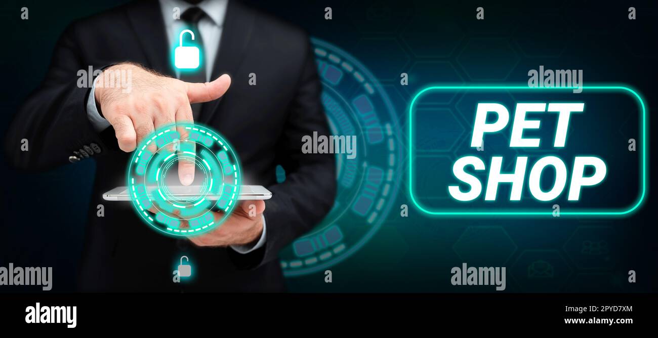 Text caption Presentando Pet Shop, concepto que significa negocio