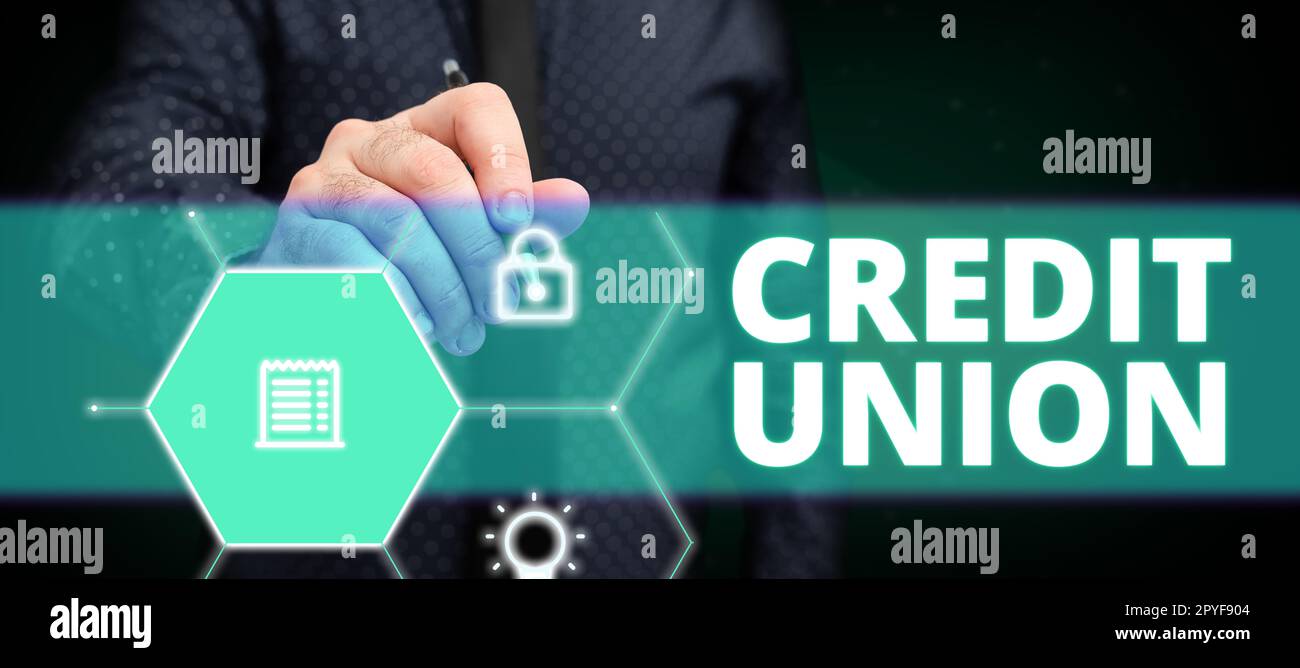 Texto pie de foto Presentando Credit Union. Palabra para asociación cooperativa que hace pequeños préstamos a los miembros Foto de stock