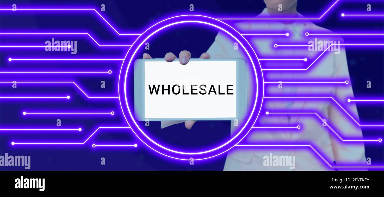 Text caption Presentando al por mayor, concepto que significa la venta