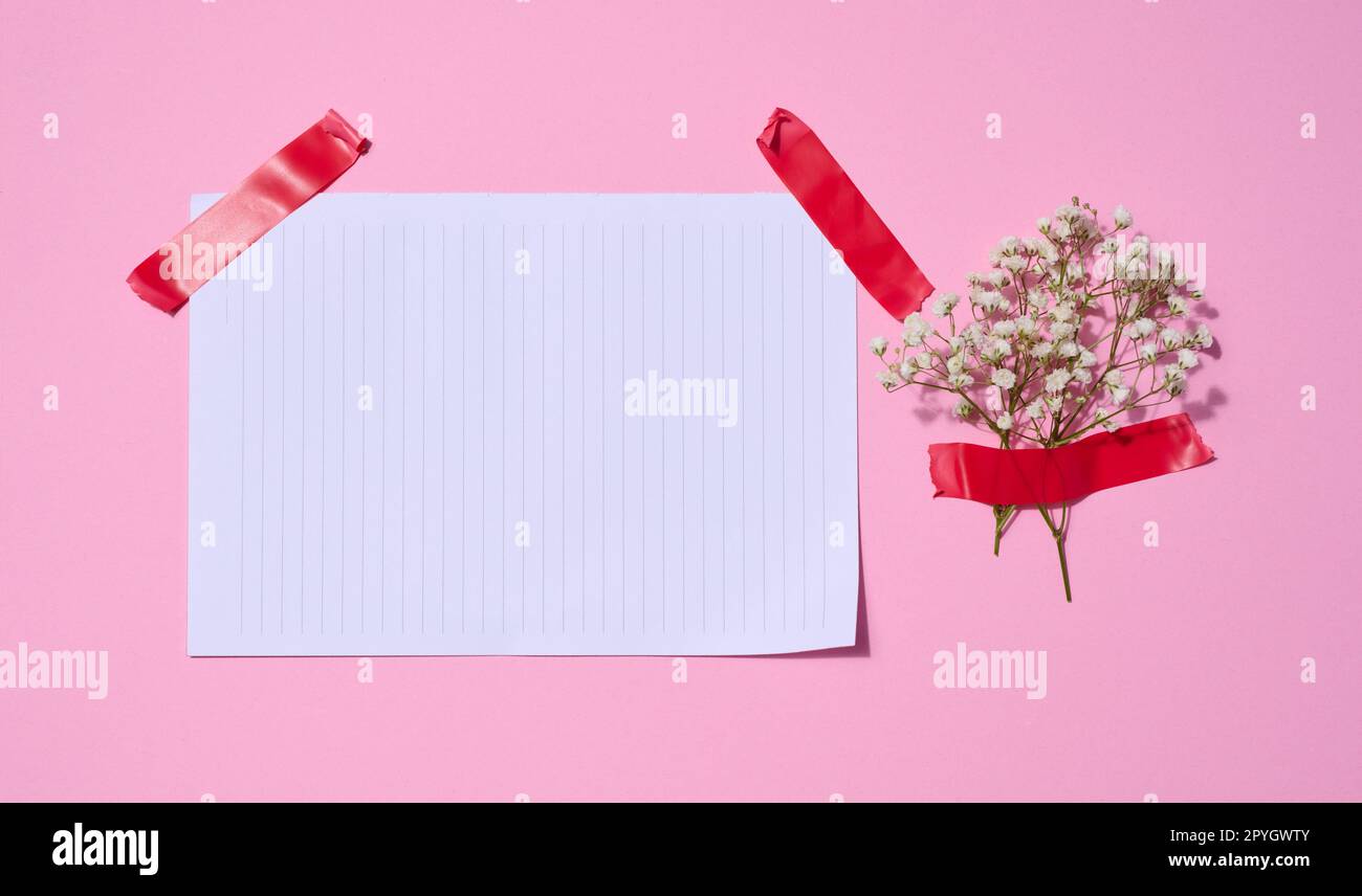 Hoja blanca vacía de papel y flores de gypsofilia sobre un fondo rosa, espacio para una inscripción Foto de stock