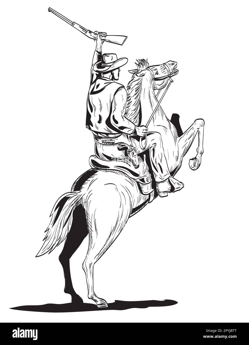 Dibujo de estilo cómics o ilustración de un vaquero sosteniendo rifle