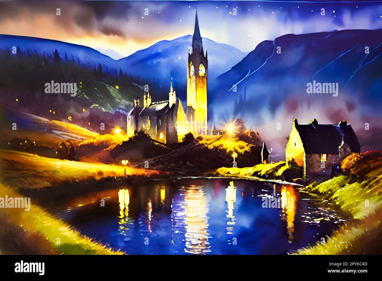 pintura de una iglesia en el lago en las montañas por la noche Foto de stock