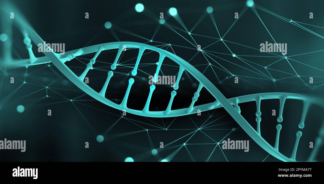 Hélice de ADN. Tecnología de alta tecnología en el campo de la ingeniería genética. Trabajo sobre inteligencia artificial. 3D ilustración sobre un fondo futurista Foto de stock