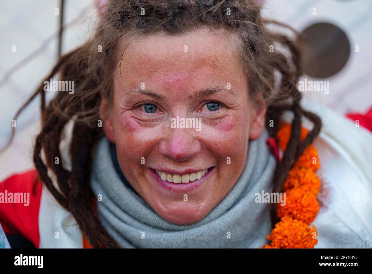 Norwegian climber Kristin Harila, 37, smiles after arriving in