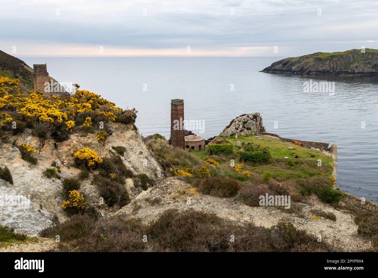 Viejos ladrillos vistos desde el camino de la costa en Porth Wen cerca de Amlwch, Anglesey, Norte de Gales. Foto de stock