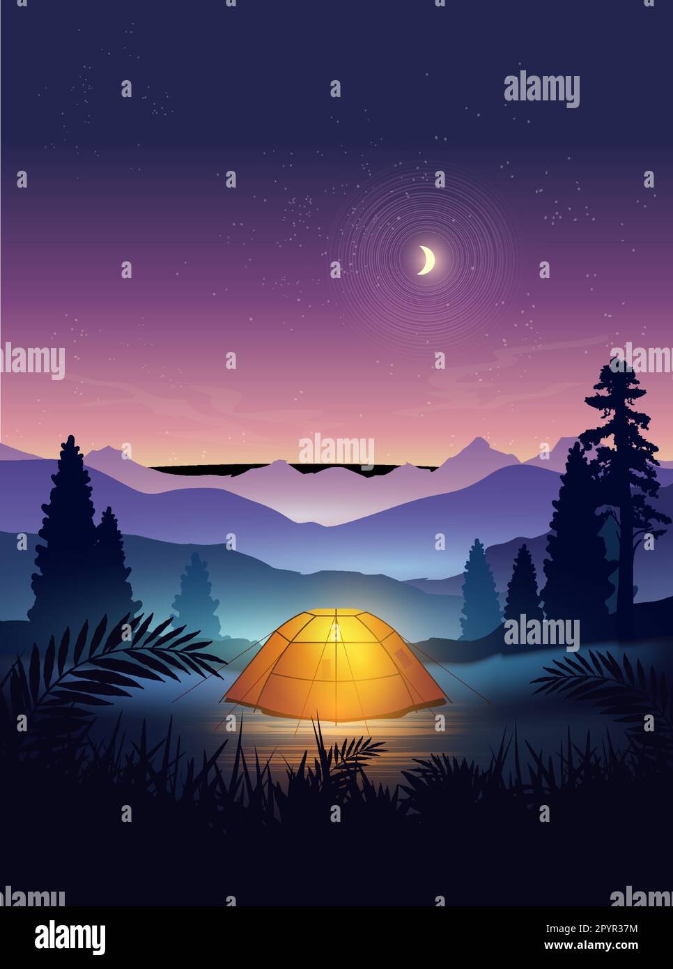 Una tienda de campaña montada en un hermoso lugar de viaje, con montañas y árboles, al atardecer con la luna y las estrellas brillando en el cielo nocturno. Vector i Ilustración del Vector
