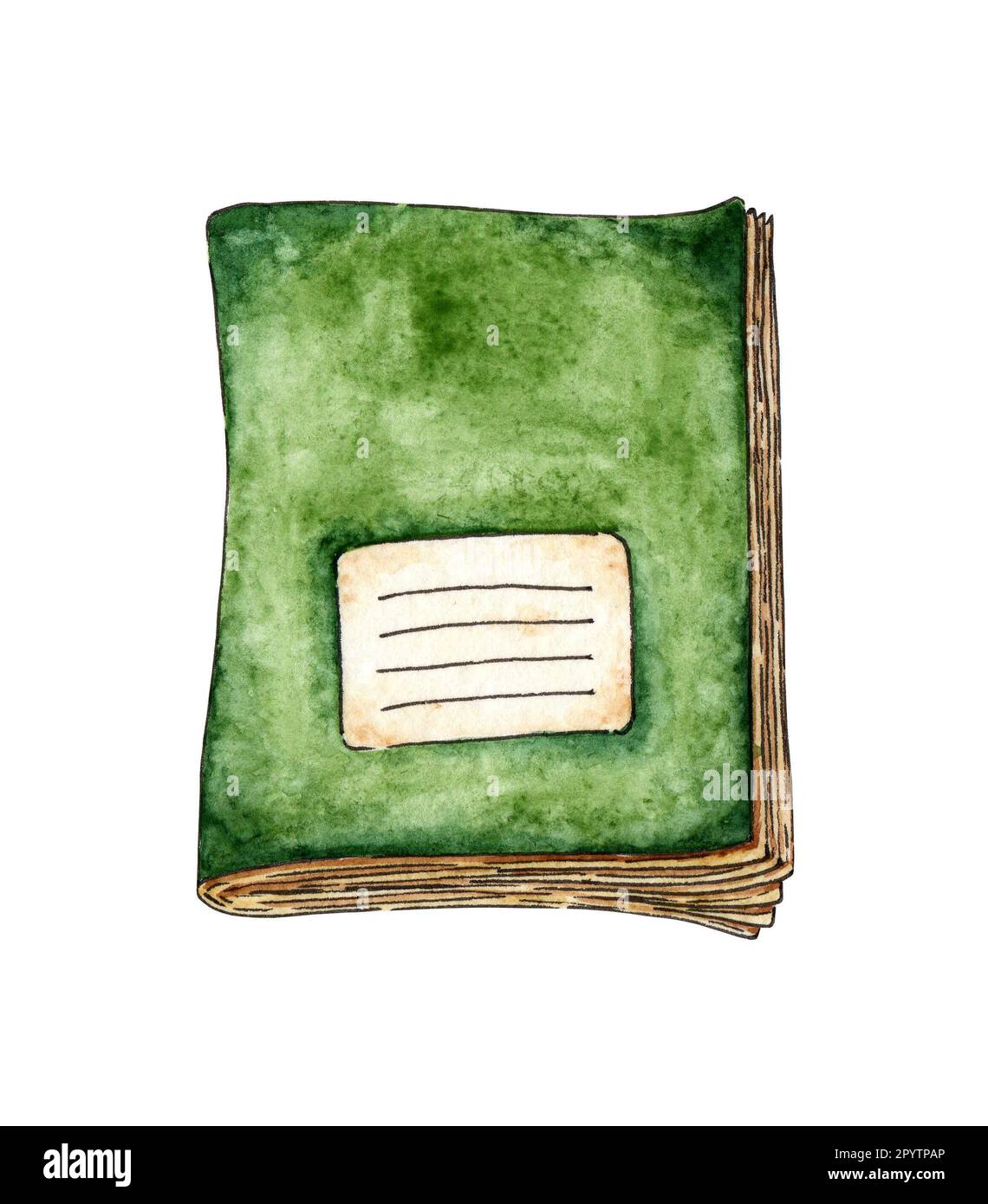 Ilustración de la acuarela del doodle del cuaderno de la escuela verde.  Limpie el bloc de notas. Simple papel forrado clipart. Regreso a la  escuela. Aislado sobre fondo blanco. Dibujar Fotografía de