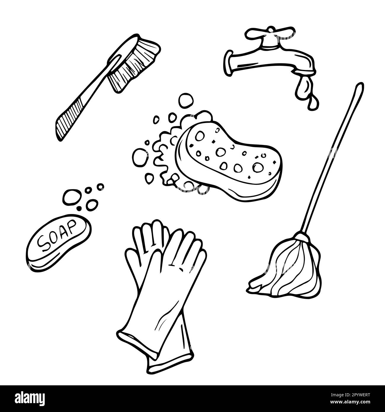 Doodle conjunto de artículos para la limpieza - mopa, cepillos, detergentes, cubo, cuchara, guantes de goma, jabón, esponjas, toallas de papel. Equipo de trabajo para mantener el Ilustración del Vector