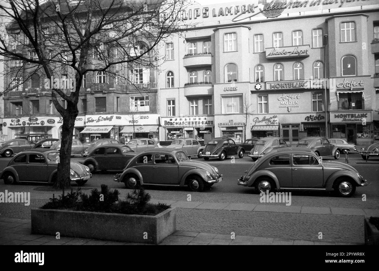'Desde 1953, el VW Escarabajo se ha construido con la ventana trasera ovalada. Varios escarabajos Volkswagen con el apodo ''Ovalie'' se encuentran en una calle de Berlín. Foto sin fecha, alrededor de 1953.' Foto de stock