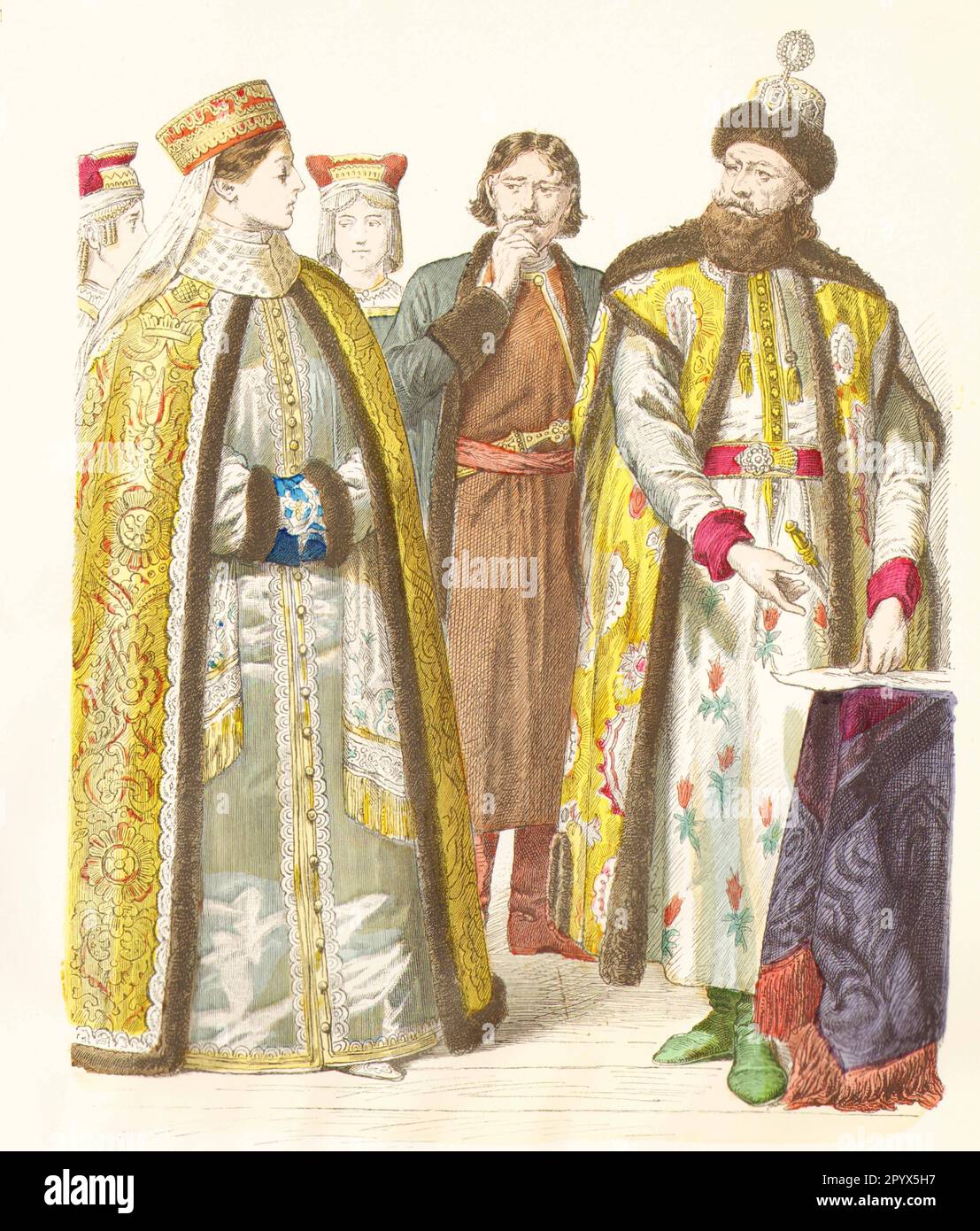 Residentes del imperio zarista en ropa contemporánea Boyars, una capa