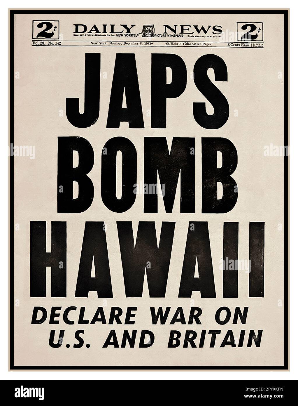 JAPS BOMBARDEA HAWAII Dic 8th titular del periódico. PEARL HARBOR 7 de diciembre de 1941 Las bombas llovieron sobre Pearl Harbor y Manila en un asalto repentino. El ataque a Pearl Harbor fue un ataque militar sorpresa del Servicio Aéreo de la Armada Imperial Japonesa contra Estados Unidos contra la base naval estadounidense en Pearl Harbor en Honolulu, Hawai, justo antes de las 8:00 a.m. (hora local) el domingo 7 de diciembre de 1941. Foto de stock