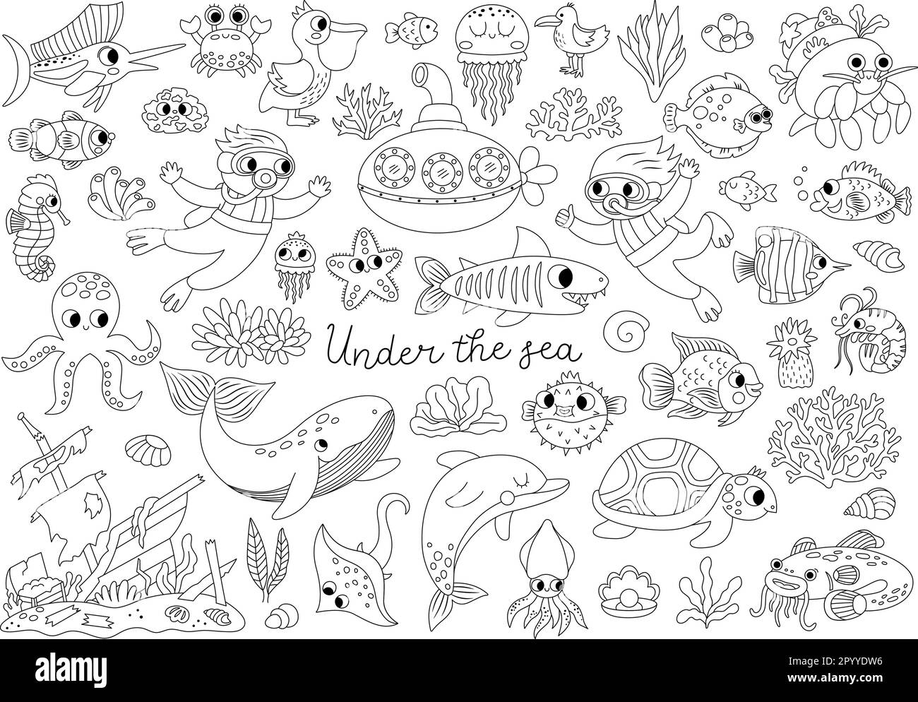 Vector blanco y negro bajo el mar establecido. Colección Ocean Line con algas marinas, peces, buceadores, submarino. Animales acuáticos de dibujos animados y malezas. Barco de guerra, Ilustración del Vector