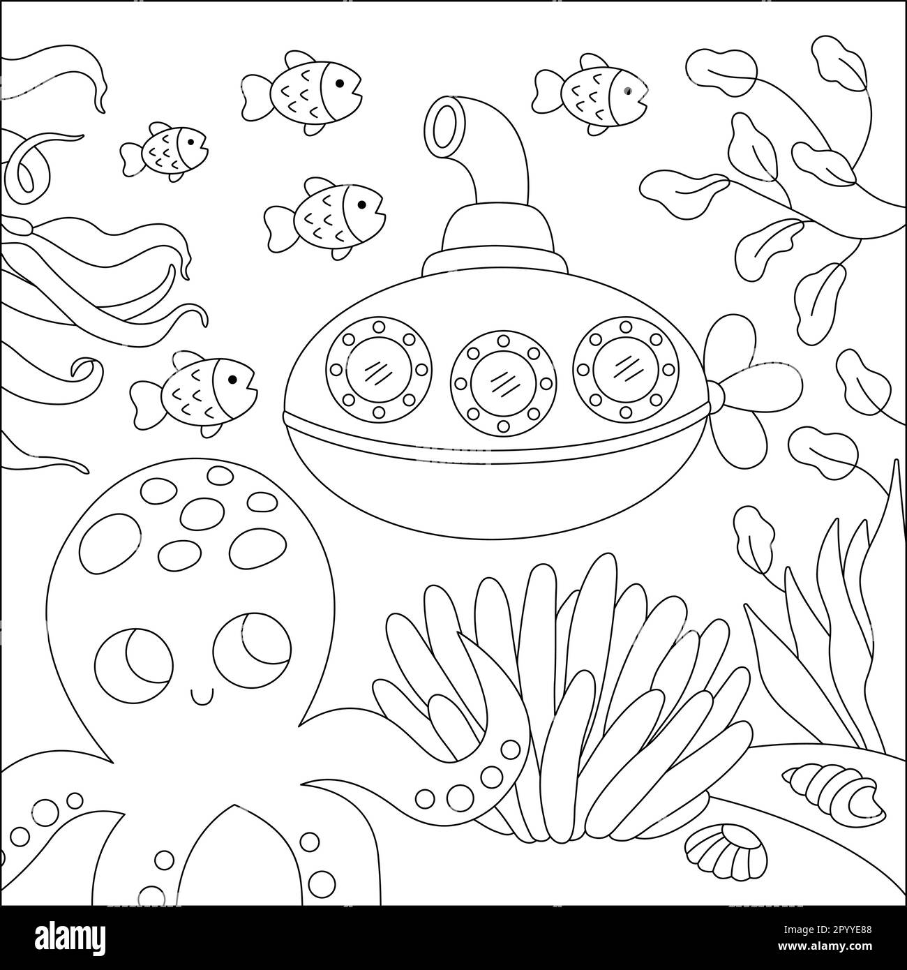 Vector blanco y negro bajo la ilustración de paisaje marino con pulpo y submarino. Escena de línea de vida oceánica con arena, algas, corales, arrecifes. Bonito Ilustración del Vector